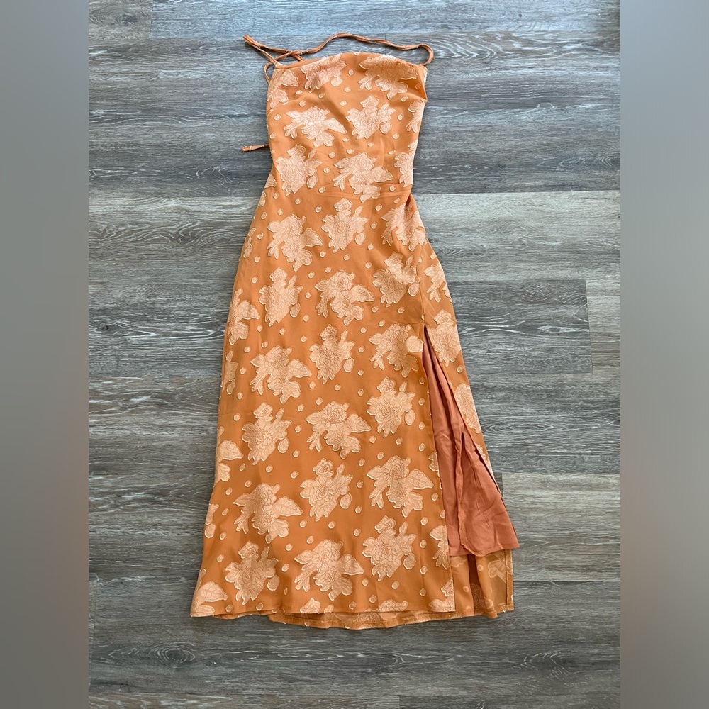 FLORAL COWL NECK HIGH SLIT SLIP MIDI DRESS - BURNT ORANGE- Size Small, US 4
